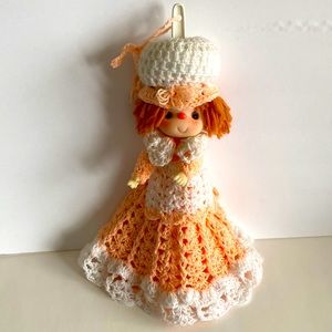 Vintage Feather Duster Feathers Crochet Doll Cover Orange White Kitchen Decor